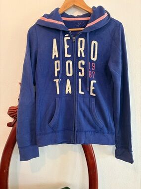 Aeropostale Blue Hoodie with Puff Lettering and Pink Hood Trim